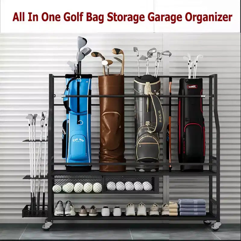 Porta sacche da golf con ruote e cassetti - Organizzatore a 4 sacche per garage e casa