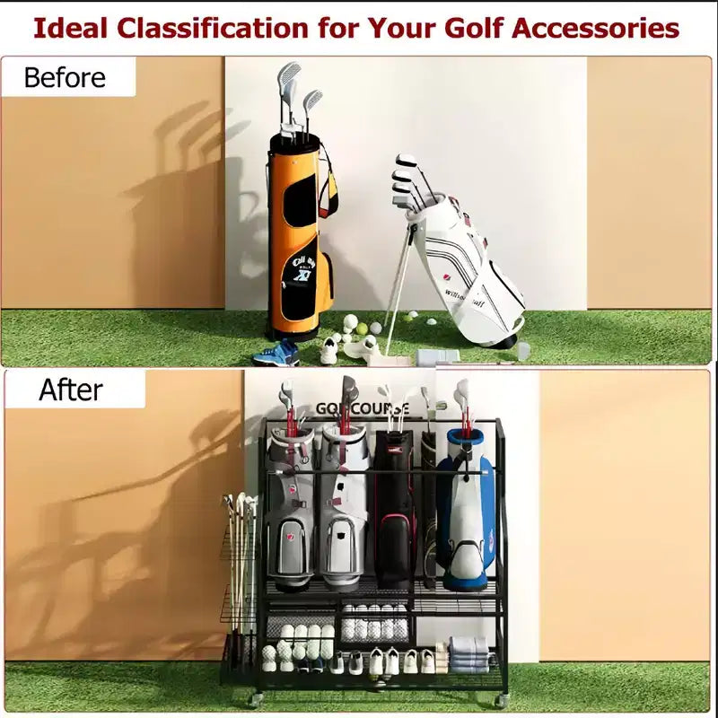 Porta sacche da golf con ruote e cassetti - Organizzatore a 4 sacche per garage e casa