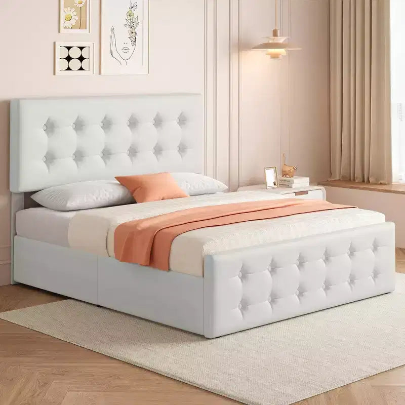 Struttura letto con 4 cassetti contenitore e testiera, struttura letto a piattaforma imbottita in ecopelle con supporto a doghe in legno, non è necessaria la rete a molle