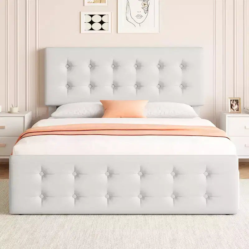 Struttura letto con 4 cassetti contenitore e testiera, struttura letto a piattaforma imbottita in ecopelle con supporto a doghe in legno, non è necessaria la rete a molle