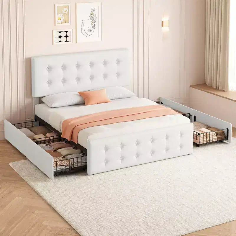 Struttura letto con 4 cassetti contenitore e testiera, struttura letto a piattaforma imbottita in ecopelle con supporto a doghe in legno, non è necessaria la rete a molle