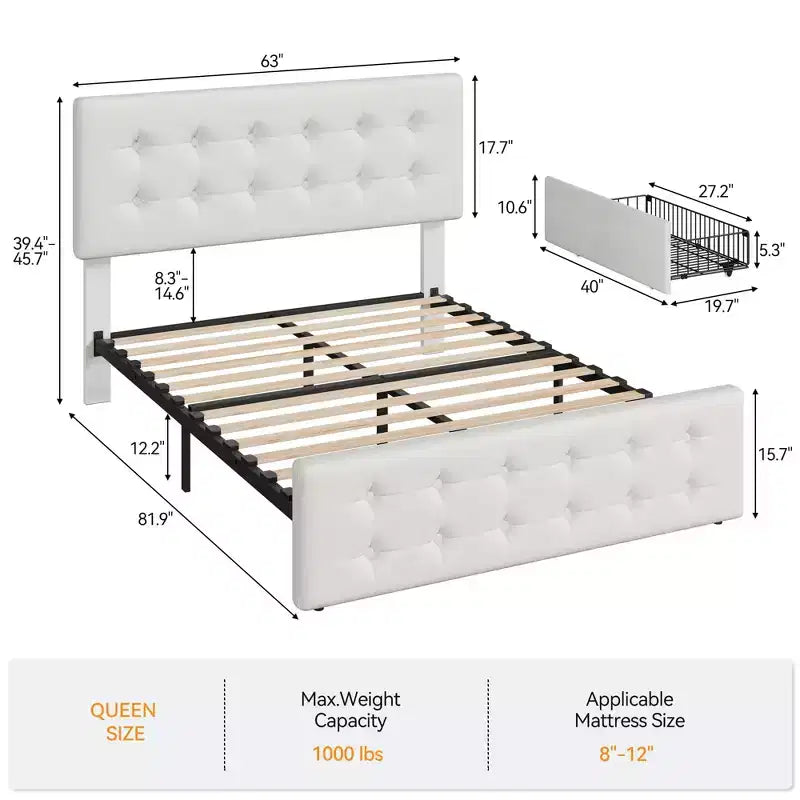 Struttura letto con 4 cassetti contenitore e testiera, struttura letto a piattaforma imbottita in ecopelle con supporto a doghe in legno, non è necessaria la rete a molle