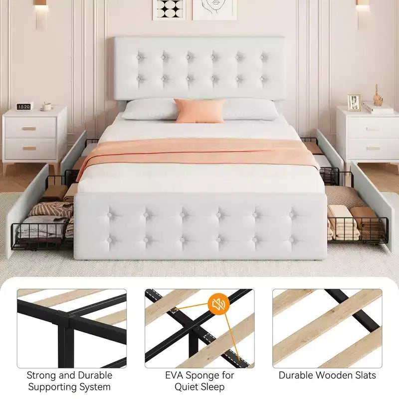 Struttura letto con 4 cassetti contenitore e testiera, struttura letto a piattaforma imbottita in ecopelle con supporto a doghe in legno, non è necessaria la rete a molle