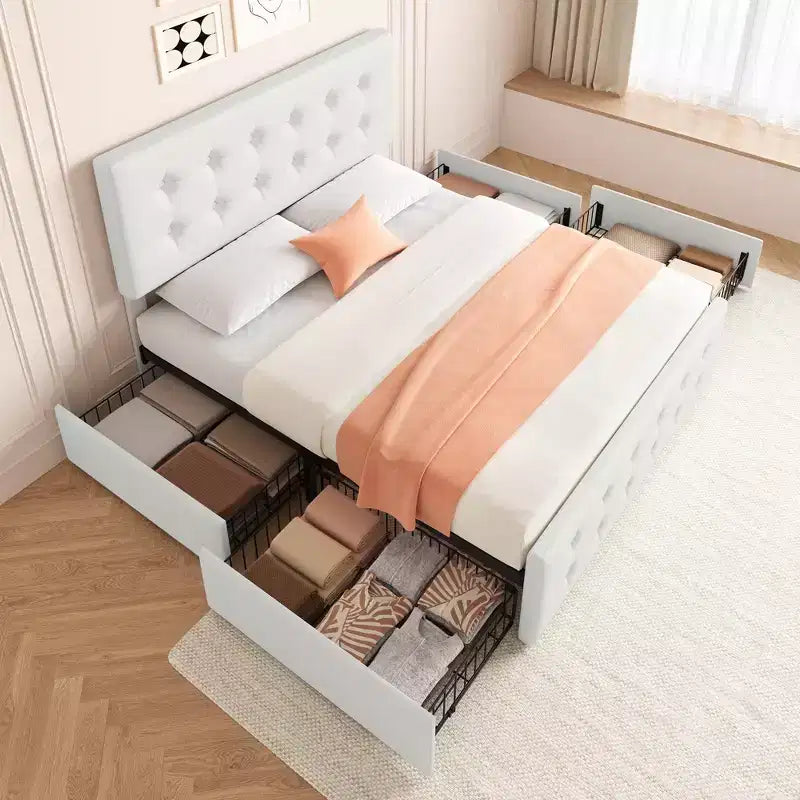 Struttura letto con 4 cassetti contenitore e testiera, struttura letto a piattaforma imbottita in ecopelle con supporto a doghe in legno, non è necessaria la rete a molle