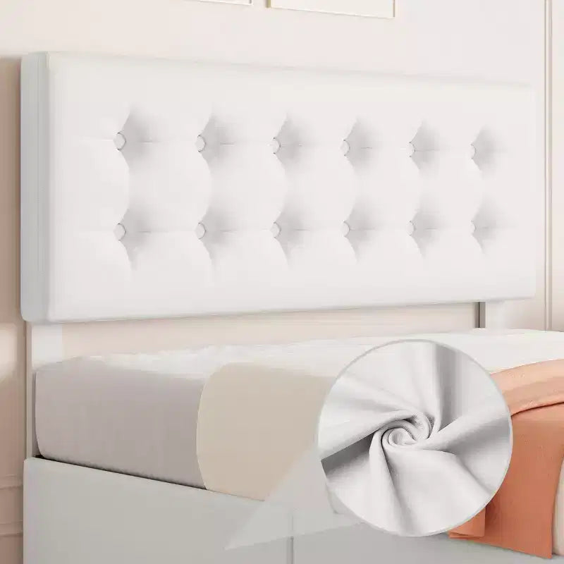 Struttura letto con 4 cassetti contenitore e testiera, struttura letto a piattaforma imbottita in ecopelle con supporto a doghe in legno, non è necessaria la rete a molle