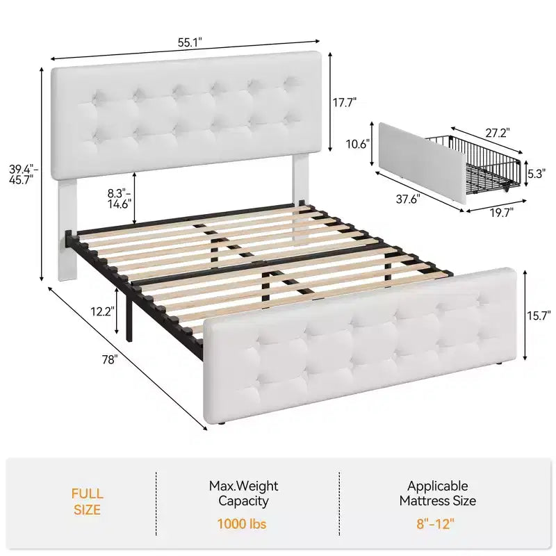 Struttura letto con 4 cassetti contenitore e testiera, struttura letto a piattaforma imbottita in ecopelle con supporto a doghe in legno, non è necessaria la rete a molle