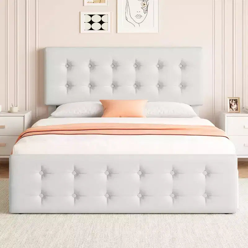 Struttura letto con 4 cassetti contenitore e testiera, struttura letto a piattaforma imbottita in ecopelle con supporto a doghe in legno, non è necessaria la rete a molle