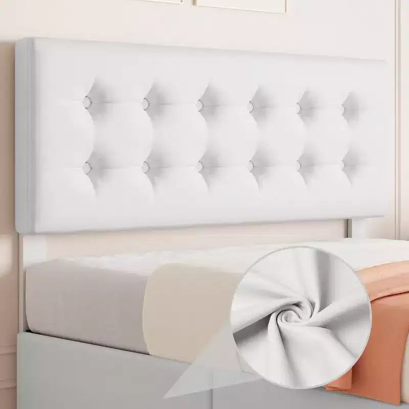 Struttura letto con 4 cassetti contenitore e testiera, struttura letto a piattaforma imbottita in ecopelle con supporto a doghe in legno, non è necessaria la rete a molle