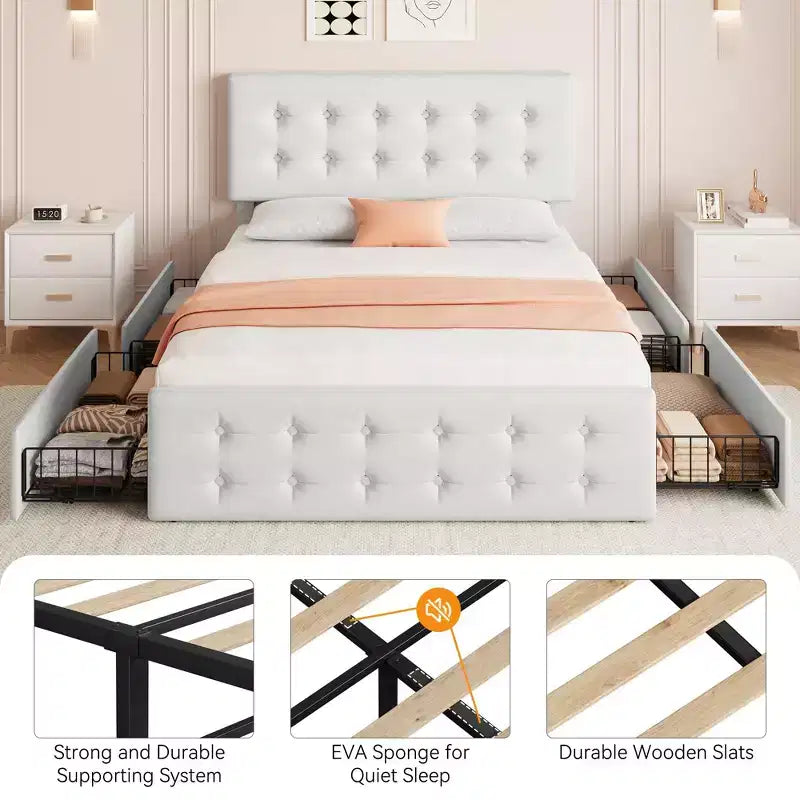 Struttura letto con 4 cassetti contenitore e testiera, struttura letto a piattaforma imbottita in ecopelle con supporto a doghe in legno, non è necessaria la rete a molle