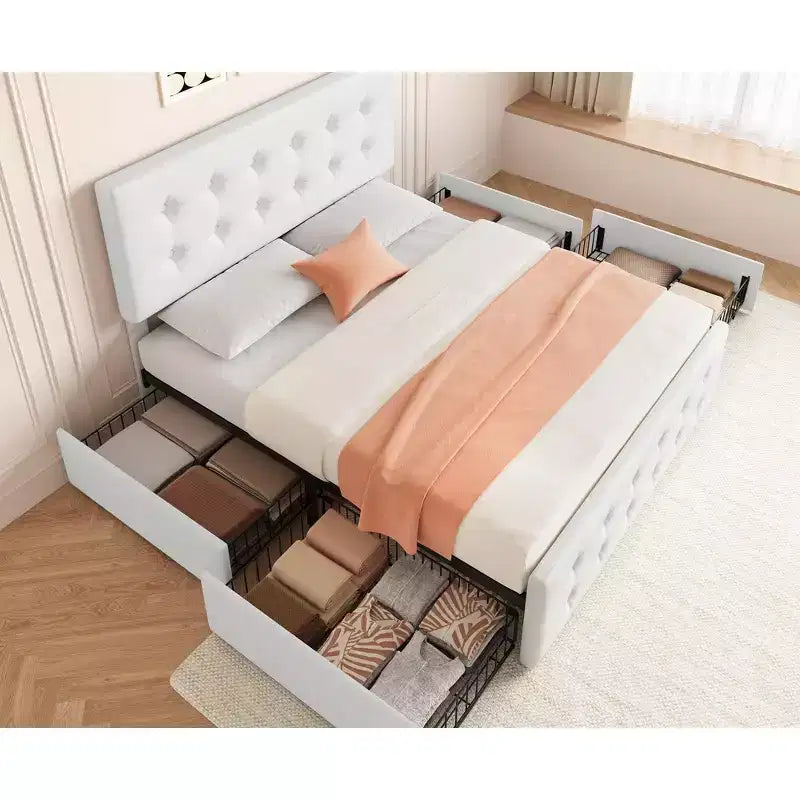 Struttura letto con 4 cassetti contenitore e testiera, struttura letto a piattaforma imbottita in ecopelle con supporto a doghe in legno, non è necessaria la rete a molle