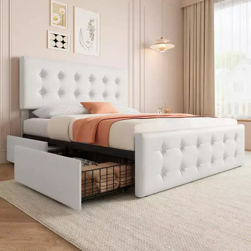 Struttura letto con 4 cassetti contenitore e testiera, struttura letto a piattaforma imbottita in ecopelle con supporto a doghe in legno, non è necessaria la rete a molle