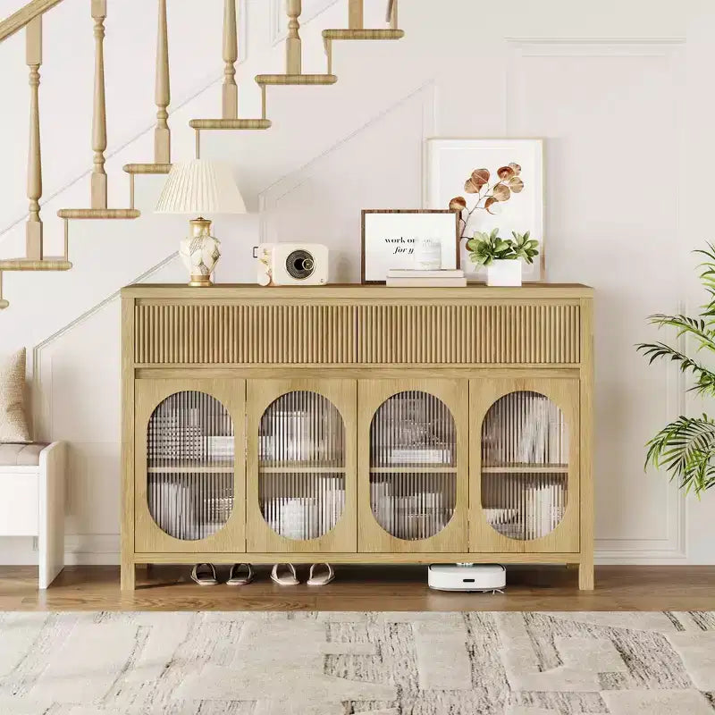 55 inch Sideboard Buffet Cabinet with Storage, Modern Farmhouse Coffee Bar Cabinet with 4 Oval Glass Doors, 2 Drawers, Wood Console Table