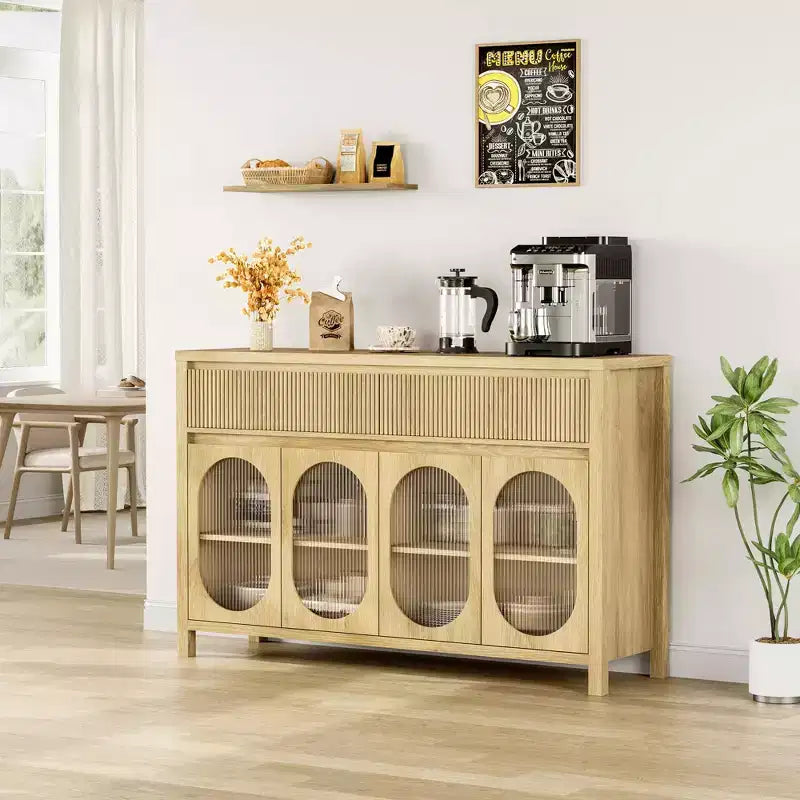 Mobile Credenza a Buffet da 55 Pollici con Contenitore, Mobile Bar Moderno in Stile Fattoria con 4 Ante in Vetro Ovale, 2 Cassetti, Tavolo Consolle in Legno