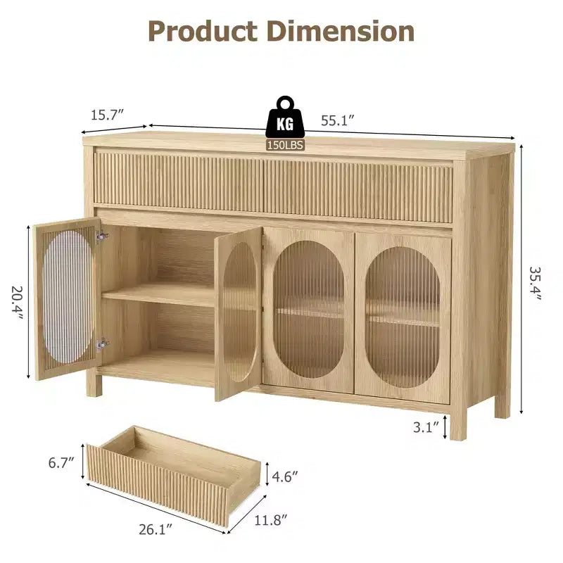 Mobile Credenza a Buffet da 55 Pollici con Contenitore, Mobile Bar Moderno in Stile Fattoria con 4 Ante in Vetro Ovale, 2 Cassetti, Tavolo Consolle in Legno