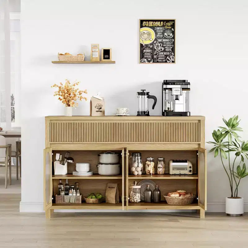 Mobile Credenza a Buffet da 55 Pollici con Contenitore, Mobile Bar Moderno in Stile Fattoria con 4 Ante in Vetro Ovale, 2 Cassetti, Tavolo Consolle in Legno