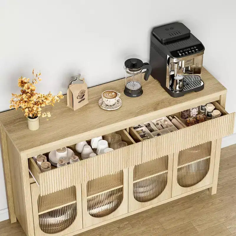 Mobile Credenza a Buffet da 55 Pollici con Contenitore, Mobile Bar Moderno in Stile Fattoria con 4 Ante in Vetro Ovale, 2 Cassetti, Tavolo Consolle in Legno