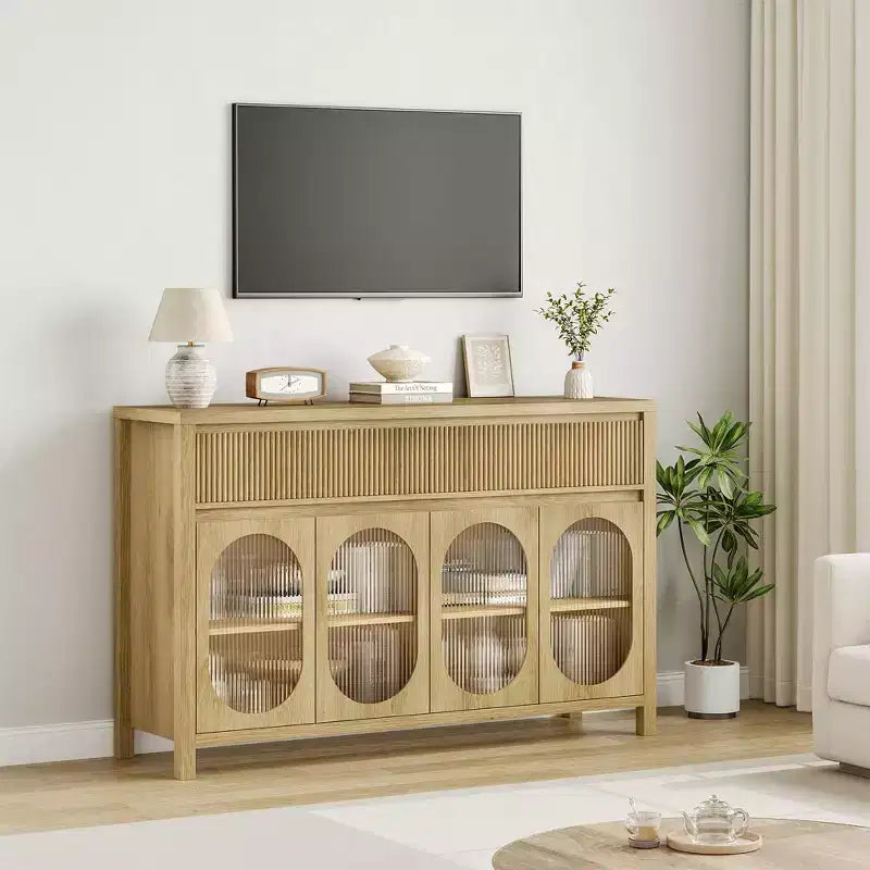 Mobile Credenza a Buffet da 55 Pollici con Contenitore, Mobile Bar Moderno in Stile Fattoria con 4 Ante in Vetro Ovale, 2 Cassetti, Tavolo Consolle in Legno
