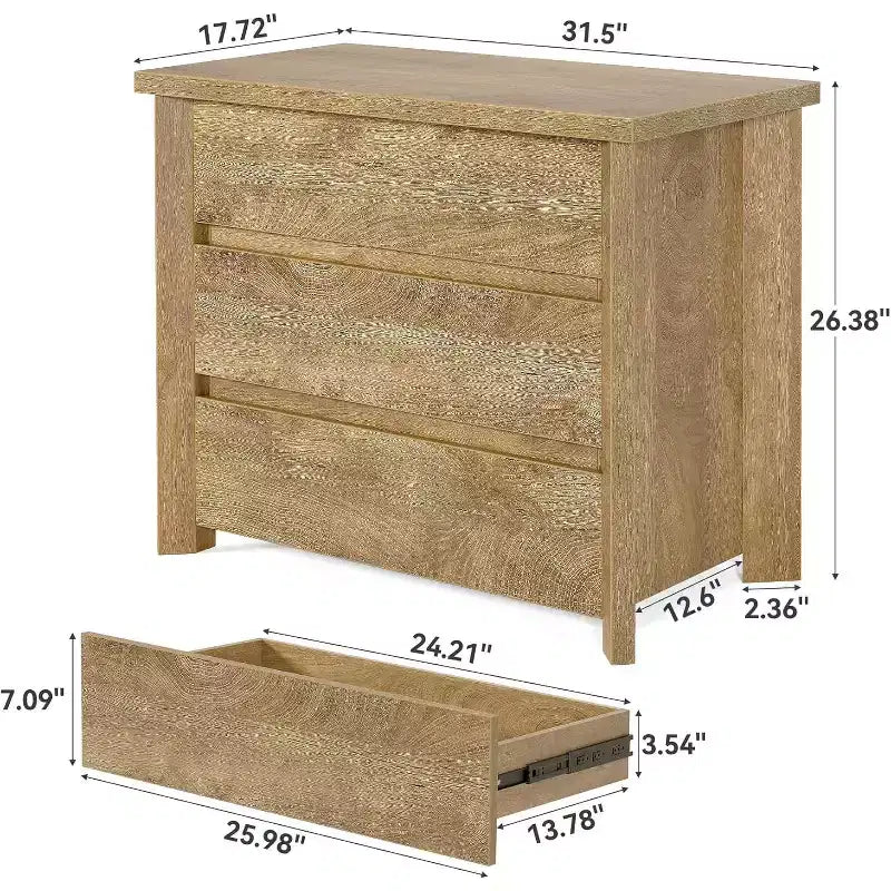 Comodino Lantine a 3 cassetti, comodino in legno in stile rustico per camera da letto, comodino grande e spazioso con cassetti, rovere