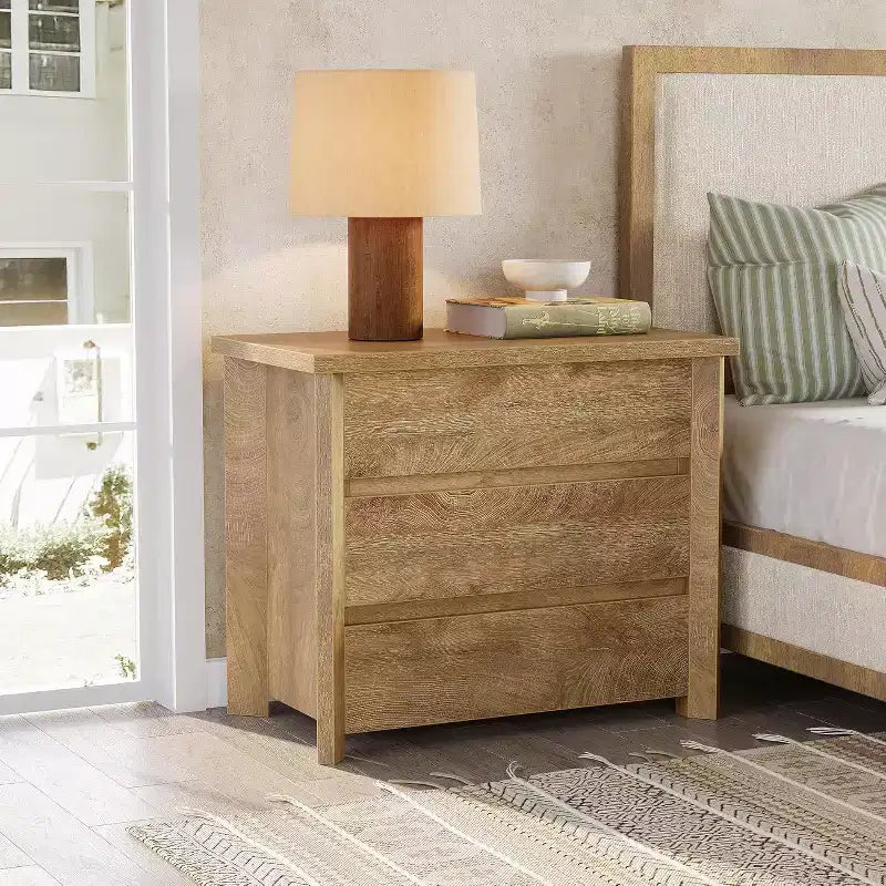 Comodino Lantine a 3 cassetti, comodino in legno in stile rustico per camera da letto, comodino grande e spazioso con cassetti, rovere