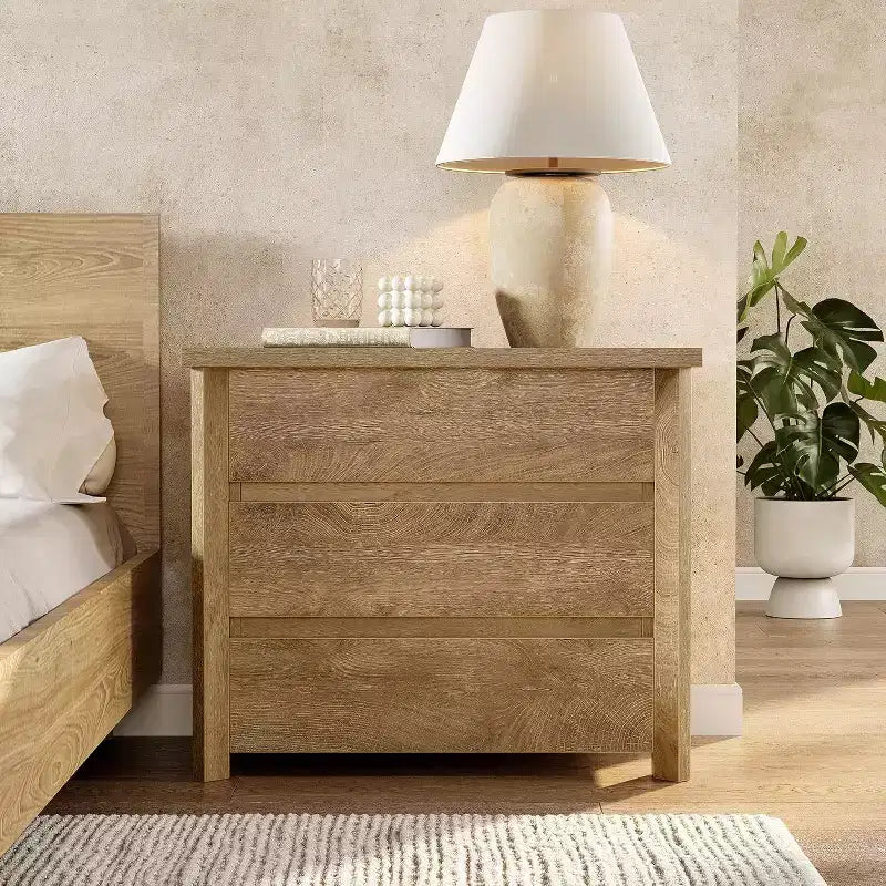 Comodino Lantine a 3 cassetti, comodino in legno in stile rustico per camera da letto, comodino grande e spazioso con cassetti, rovere