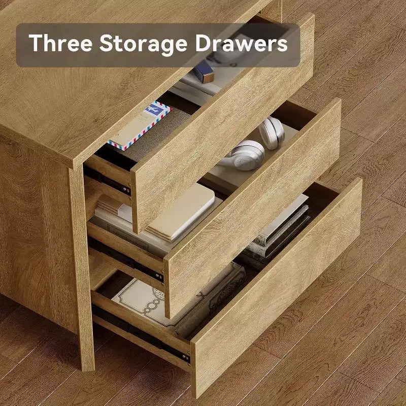Comodino Lantine a 3 cassetti, comodino in legno in stile rustico per camera da letto, comodino grande e spazioso con cassetti, rovere