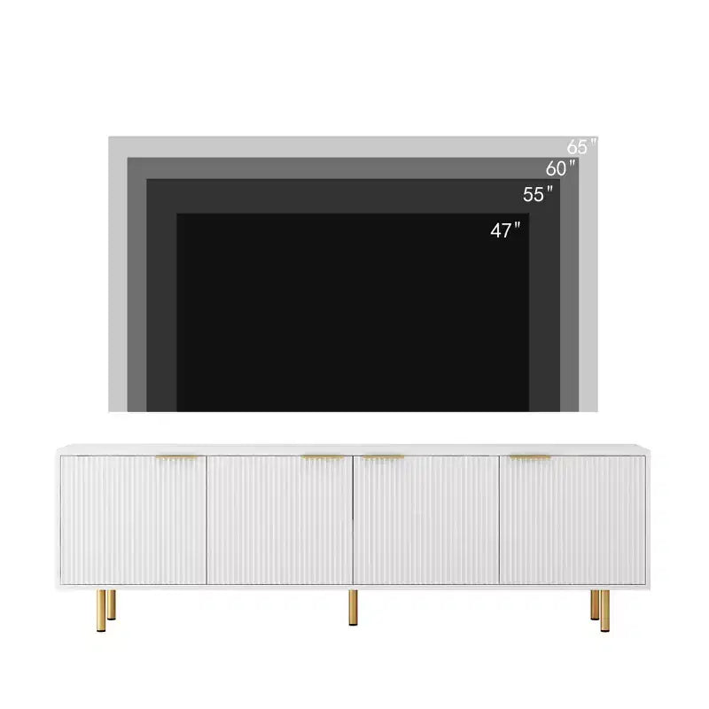 Mobile TV moderno da 68 pollici con scanalature, ante contenitore e ripiani per dispositivi multimediali, adatto a TV da 55 pollici e oltre, ideale per soggiorni, bianco
