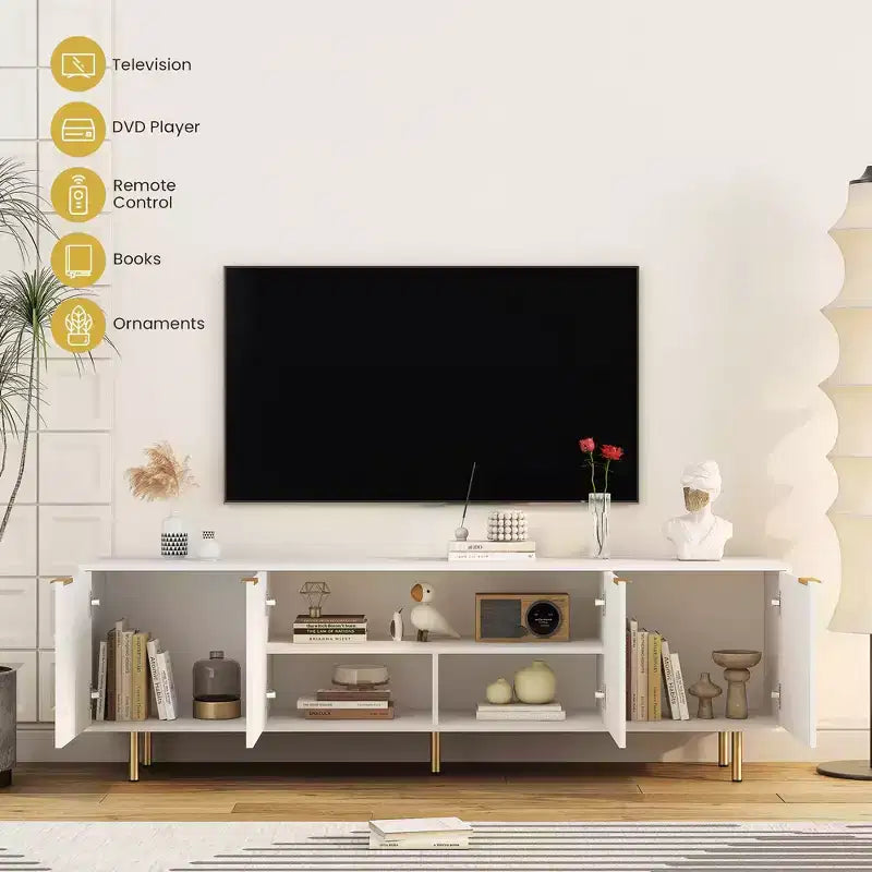 Mobile TV moderno da 68 pollici con scanalature, ante contenitore e ripiani per dispositivi multimediali, adatto a TV da 55 pollici e oltre, ideale per soggiorni, bianco