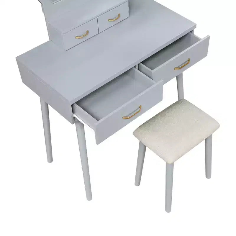 GDFStudio Charlotte Set Scrivania Trucco Moderno in Legno con Specchio Illuminato a LED, Cassetti e Sgabello