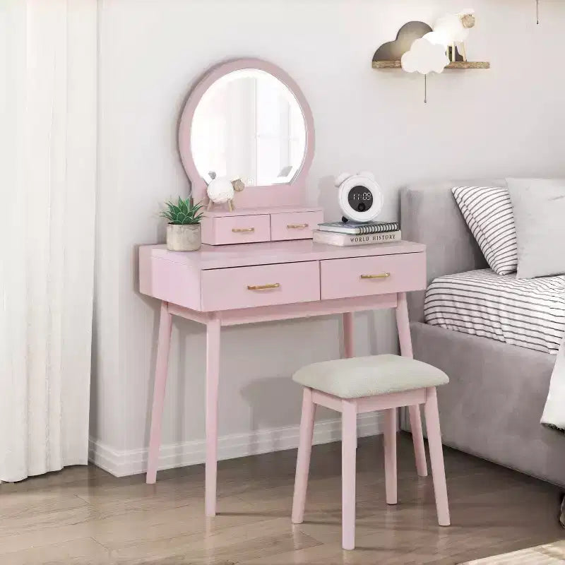 GDFStudio Charlotte Set Scrivania Trucco Moderno in Legno con Specchio Illuminato a LED, Cassetti e Sgabello