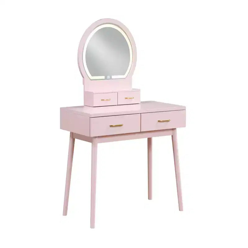 GDFStudio Charlotte Set Scrivania Trucco Moderno in Legno con Specchio Illuminato a LED, Cassetti e Sgabello