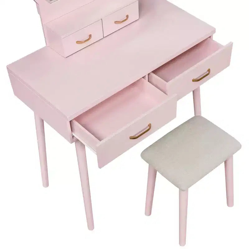 GDFStudio Charlotte Set Scrivania Trucco Moderno in Legno con Specchio Illuminato a LED, Cassetti e Sgabello