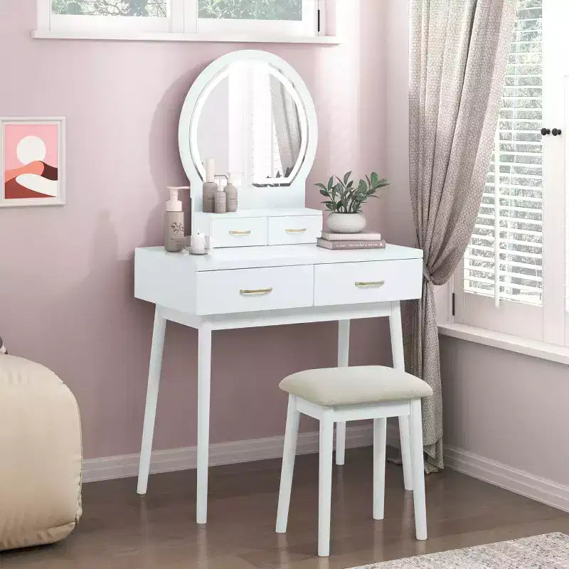 GDFStudio Charlotte Set Scrivania Trucco Moderno in Legno con Specchio Illuminato a LED, Cassetti e Sgabello