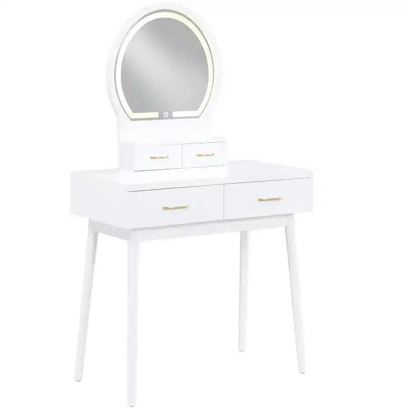 GDFStudio Charlotte Set Scrivania Trucco Moderno in Legno con Specchio Illuminato a LED, Cassetti e Sgabello