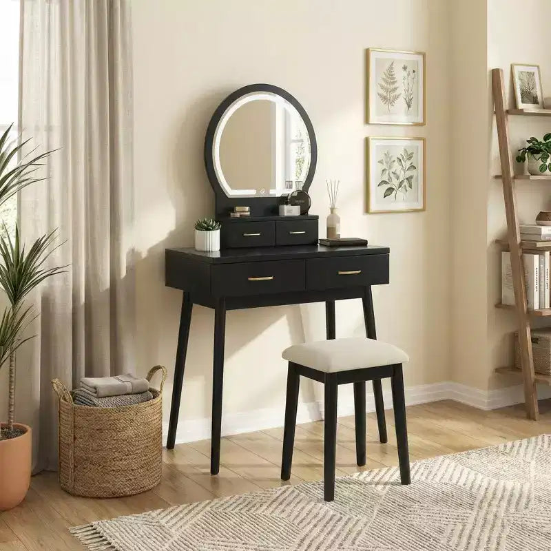 GDFStudio Charlotte Set Scrivania Trucco Moderno in Legno con Specchio Illuminato a LED, Cassetti e Sgabello