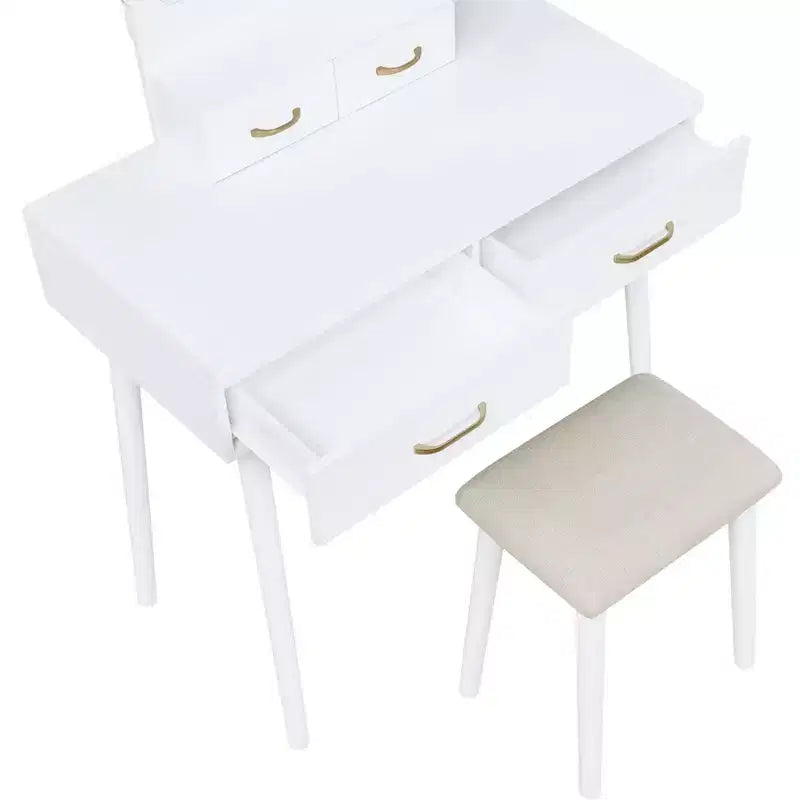 GDFStudio Charlotte Set Scrivania Trucco Moderno in Legno con Specchio Illuminato a LED, Cassetti e Sgabello