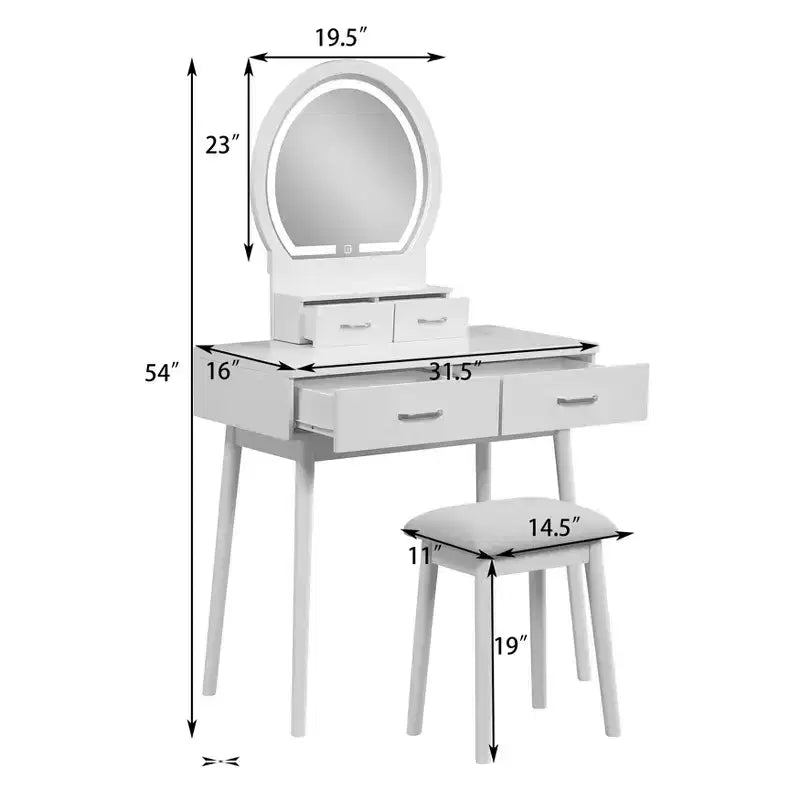 GDFStudio Charlotte Set Scrivania Trucco Moderno in Legno con Specchio Illuminato a LED, Cassetti e Sgabello