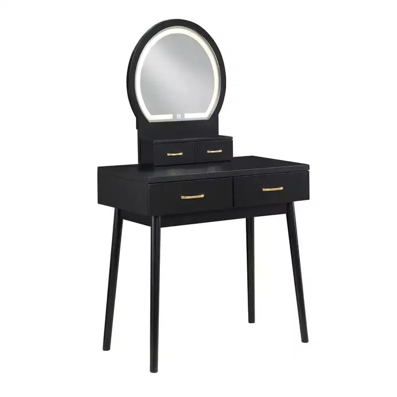 GDFStudio Charlotte Set Scrivania Trucco Moderno in Legno con Specchio Illuminato a LED, Cassetti e Sgabello