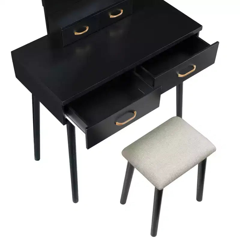GDFStudio Charlotte Set Scrivania Trucco Moderno in Legno con Specchio Illuminato a LED, Cassetti e Sgabello