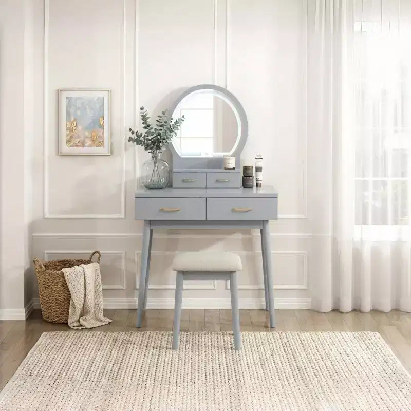 GDFStudio Charlotte Set Scrivania Trucco Moderno in Legno con Specchio Illuminato a LED, Cassetti e Sgabello