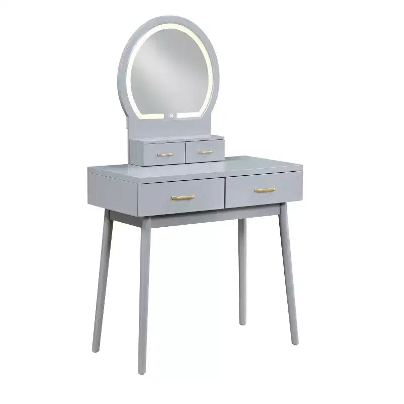 GDFStudio Charlotte Set Scrivania Trucco Moderno in Legno con Specchio Illuminato a LED, Cassetti e Sgabello