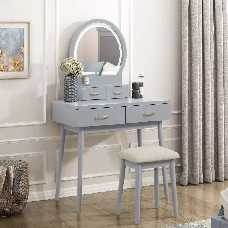 GDFStudio Charlotte Set Scrivania Trucco Moderno in Legno con Specchio Illuminato a LED, Cassetti e Sgabello