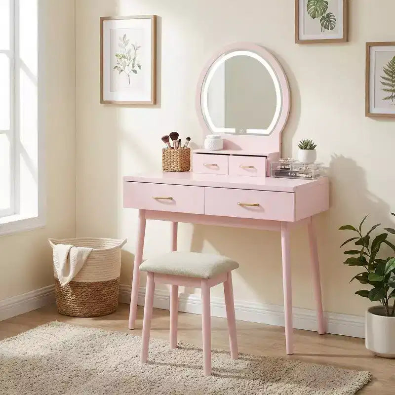 GDFStudio Charlotte Set Scrivania Trucco Moderno in Legno con Specchio Illuminato a LED, Cassetti e Sgabello