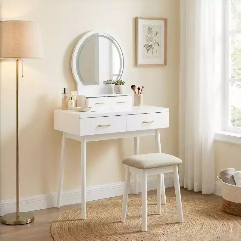 GDFStudio Charlotte Set Scrivania Trucco Moderno in Legno con Specchio Illuminato a LED, Cassetti e Sgabello