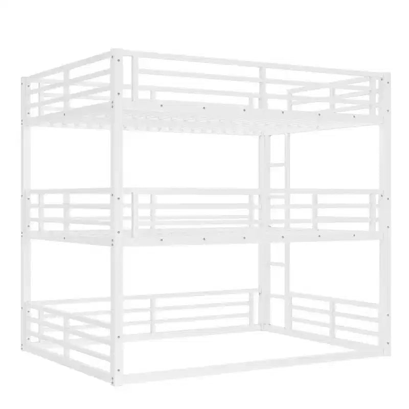 Letto a castello Queen su Queen su Queen, a tre letti a castello in metallo con sponde di sicurezza, letto a castello per impieghi gravosi con design a rumore ridotto, bianco