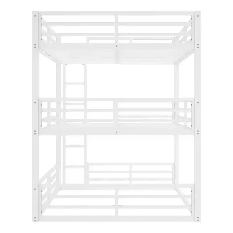 Letto a castello Queen su Queen su Queen, a tre letti a castello in metallo con sponde di sicurezza, letto a castello per impieghi gravosi con design a rumore ridotto, bianco