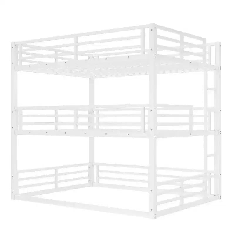Letto a castello Queen su Queen su Queen, a tre letti a castello in metallo con sponde di sicurezza, letto a castello per impieghi gravosi con design a rumore ridotto, bianco