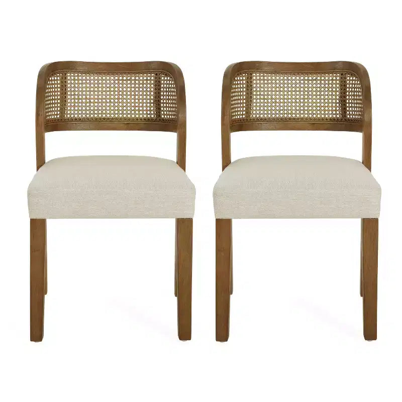 Christopher Knight Home Meera - Sedie da pranzo imbottite in legno di gomma in stile rustico con schienale curvo in rattan naturale (set da 2)