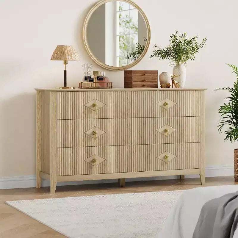 Cassettiera a 6 cassetti larga 54 pollici, comò moderno con maniglie in metallo per camera da letto, legno naturale