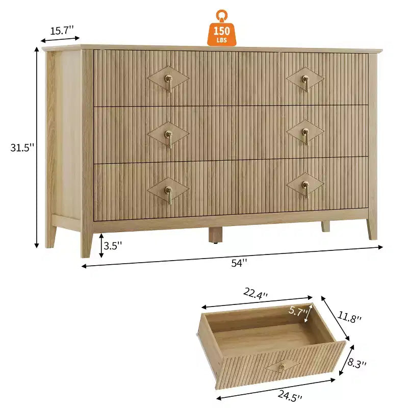 Cassettiera a 6 cassetti larga 54 pollici, comò moderno con maniglie in metallo per camera da letto, legno naturale