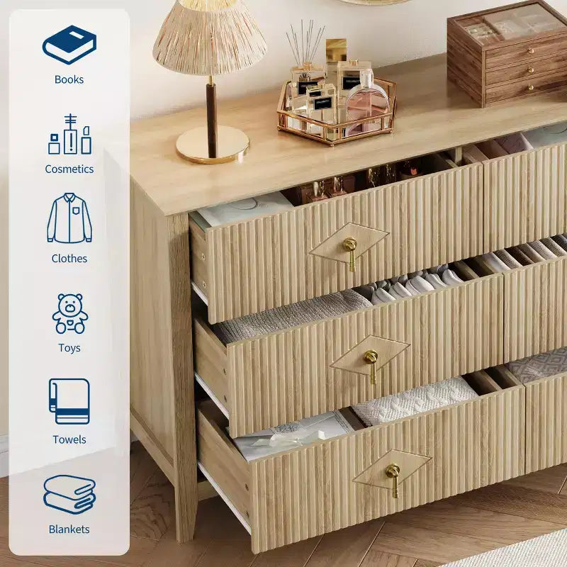 Cassettiera a 6 cassetti larga 54 pollici, comò moderno con maniglie in metallo per camera da letto, legno naturale